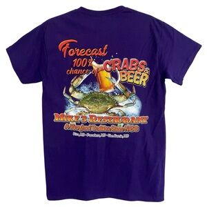 NWOT Mike’s Restaurant Crabs & Beer Purple Graphic T-Shirt Size S